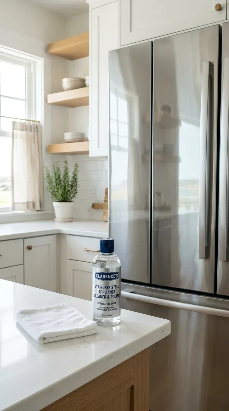 A bottle of stainless steel cleaner beside a gleaming fingerprint-free stainless steel refrigerator