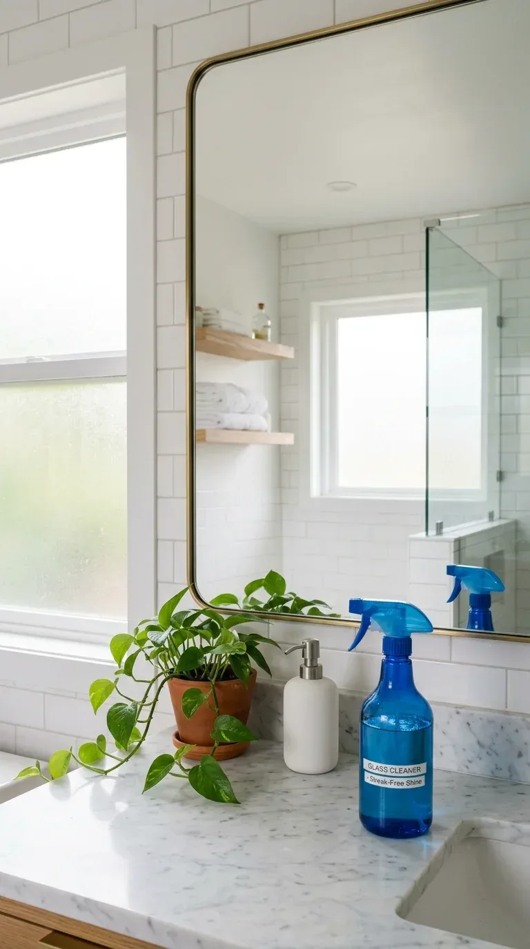 A bottle of streak-free glass cleaner beside a crystal clear clean bathroom mirror