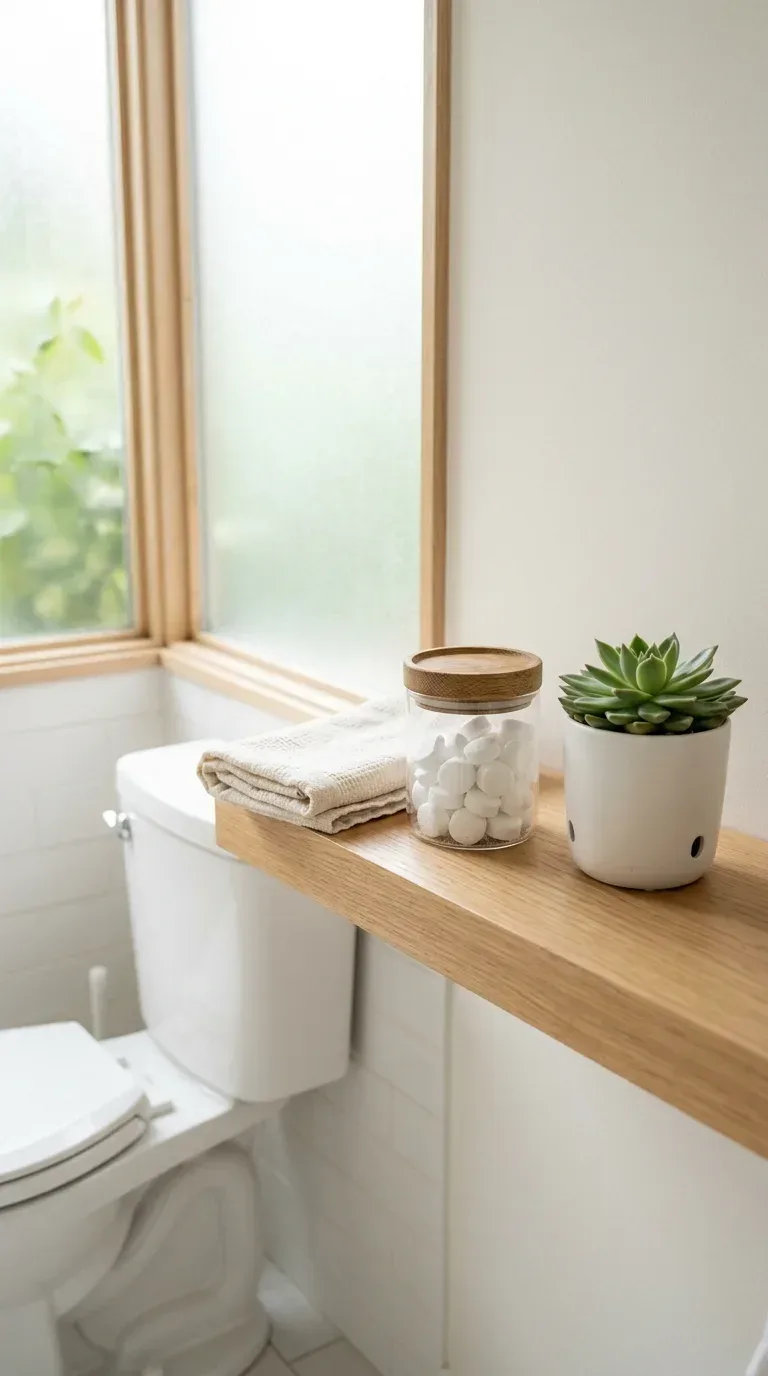 A glass jar of fizzing toilet bowl cleaning tablets beside a clean white toilet in a small bathroom