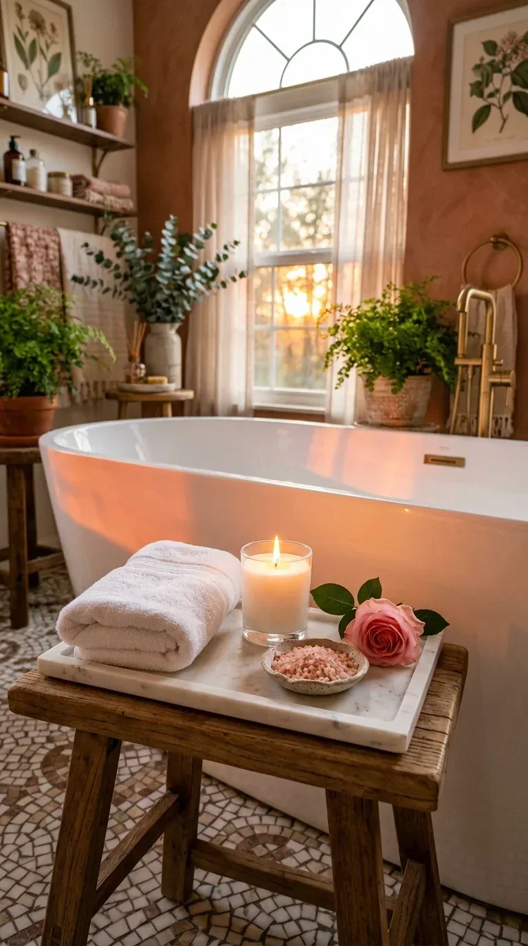 15 Bathroom Towel Decor Ideas That Make Your Space Look Like a Luxury Hotel A marble tray beside a bathtub holding a folded white towel candle and bath salts