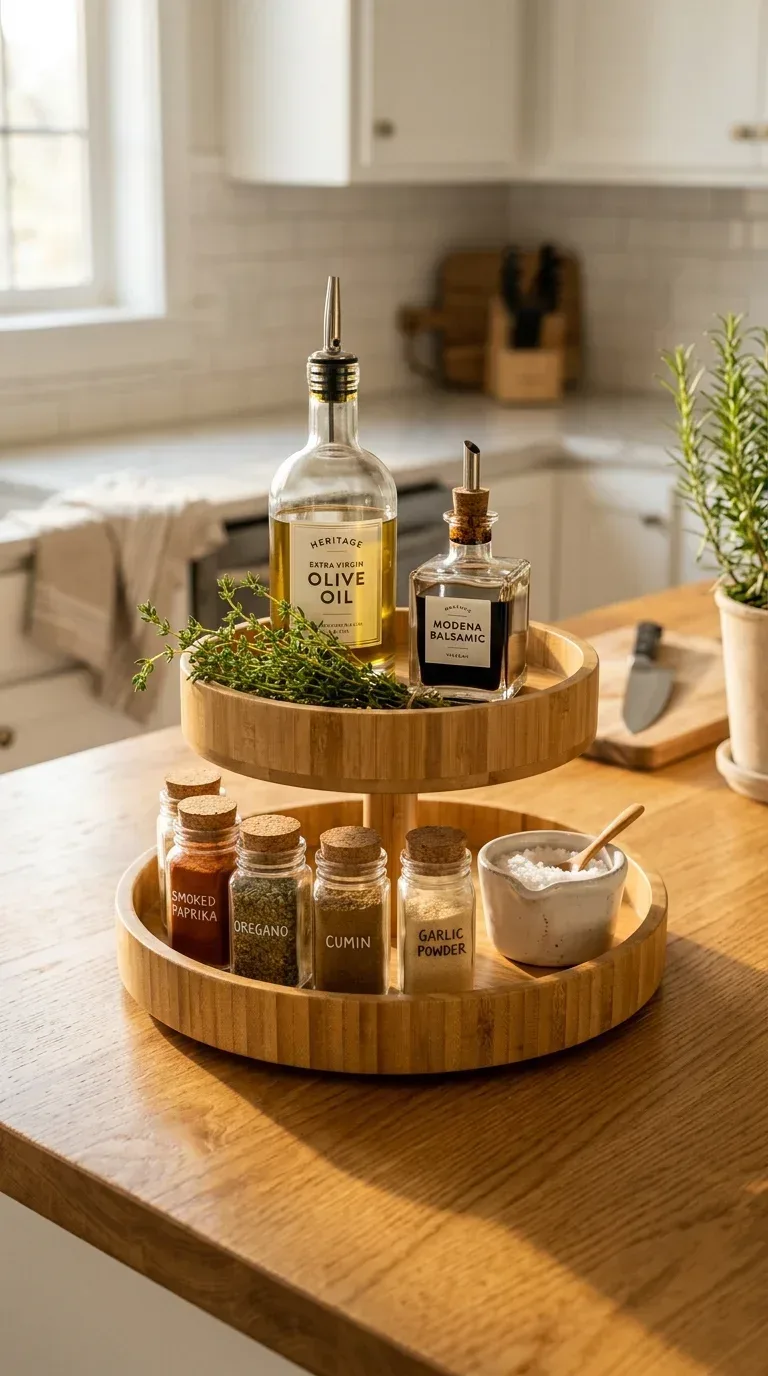 20 Cool Kitchen Gadgets for Small Space Cooking A two tier bamboo lazy Susan turntable on a warm wood kitchen counter holding oils and spices