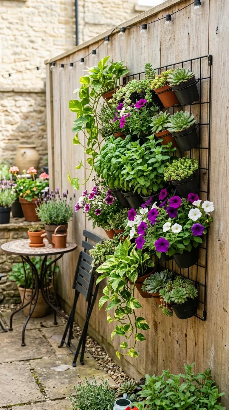 A lush vertical garden wall planter mounted on a fence in a small sunny patio space