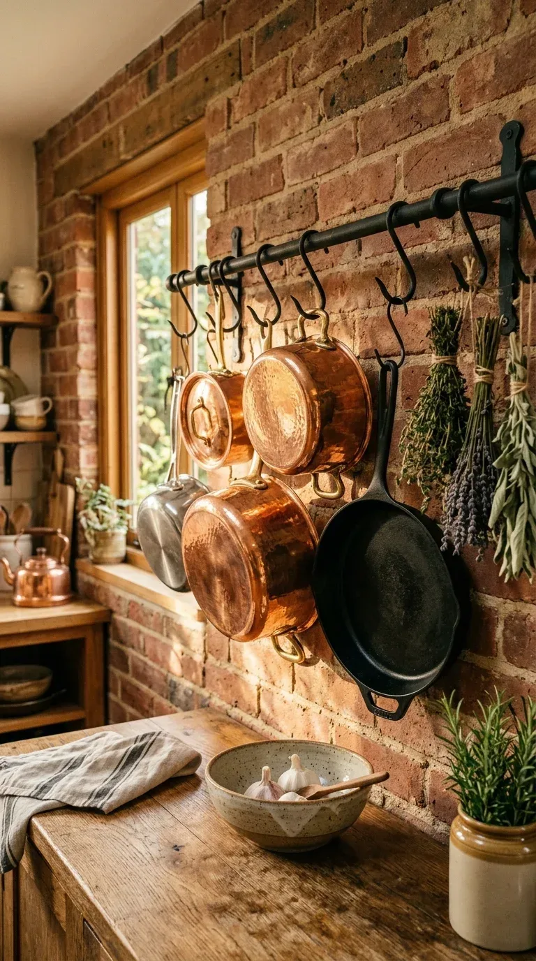 20 Cool Kitchen Gadgets for Small Space Cooking A black wall-mounted pot rack holding copper and cast iron pans in a warm cozy kitchen