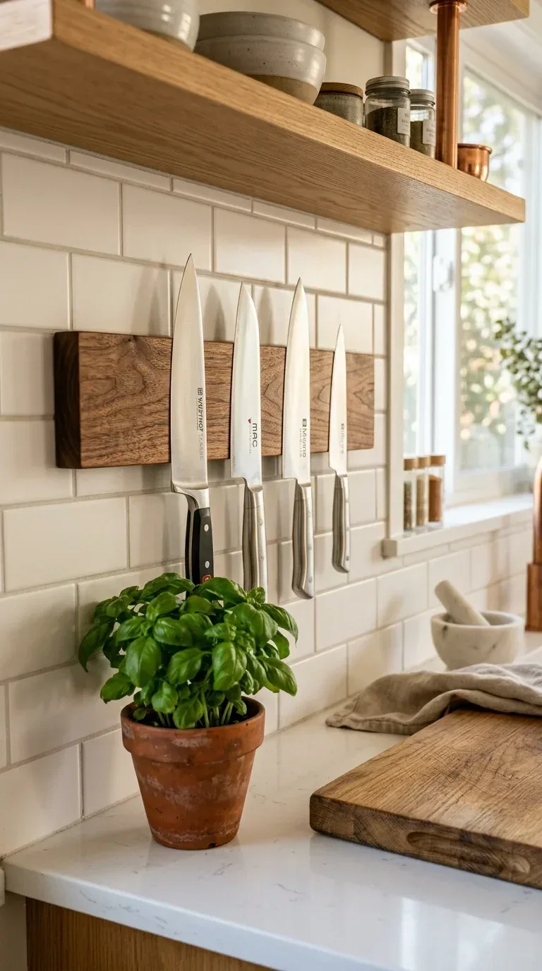 20 Cool Kitchen Gadgets for Small Space Cooking A walnut wood magnetic knife strip holding chef knives on white tile kitchen backsplash