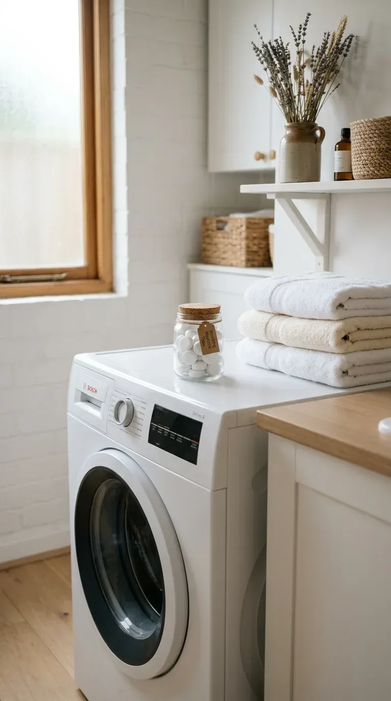 Washing machine cleaning tablets in a glass jar beside a front-loading white washing machine