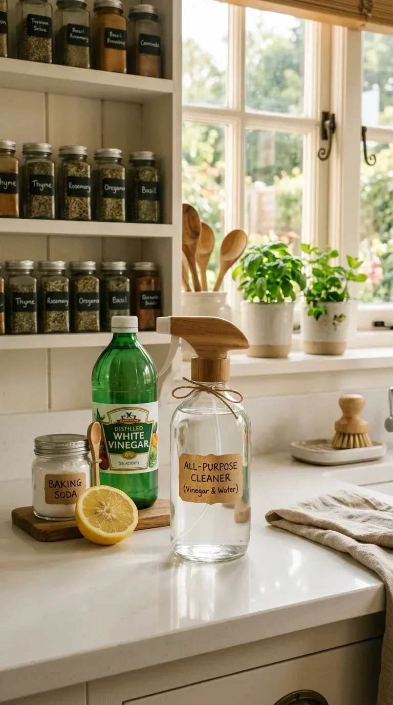 A glass spray bottle of white vinegar solution on a kitchen counter beside natural cleaning supplies