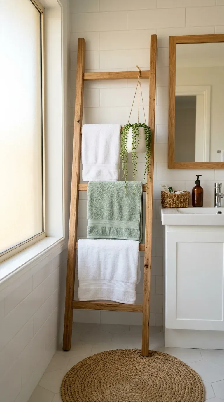 15 Bathroom Towel Decor Ideas That Make Your Space Look Like a Luxury Hotel A natural wood ladder rack in a bathroom with white and sage towels draped at different heights