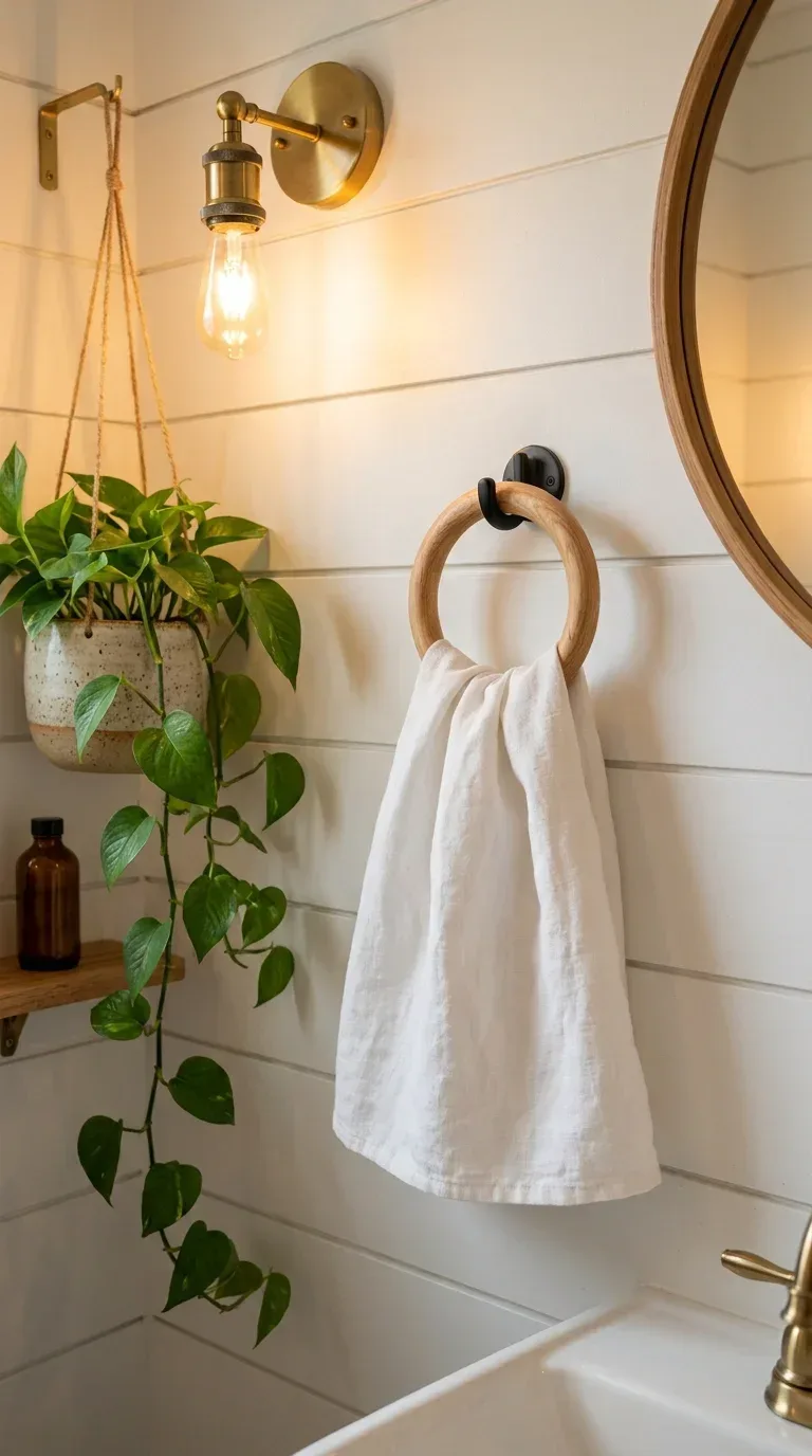 15 Bathroom Towel Decor Ideas That Make Your Space Look Like a Luxury Hotel A white linen hand towel hung through a natural wood ring on a matte black bathroom hook