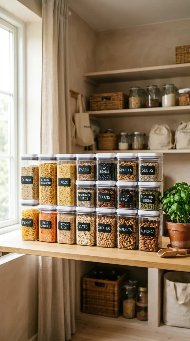 16 Household Supplies Every Home Needs to Stay Organized and Clean A beautifully organized pantry shelf with matching clear airtight storage containers and labels