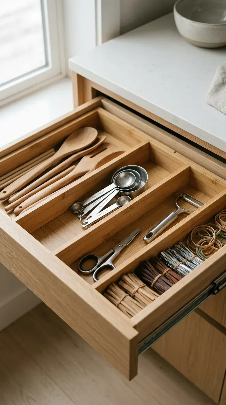 16 Household Supplies Every Home Needs to Stay Organized and Clean A neatly organized kitchen drawer with bamboo dividers separating utensils and supplies