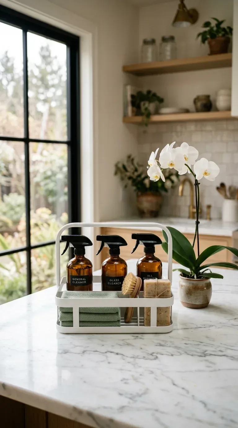 16 Household Supplies Every Home Needs to Stay Organized and Clean A white handled cleaning caddy neatly organized with spray bottles and microfibre cloths