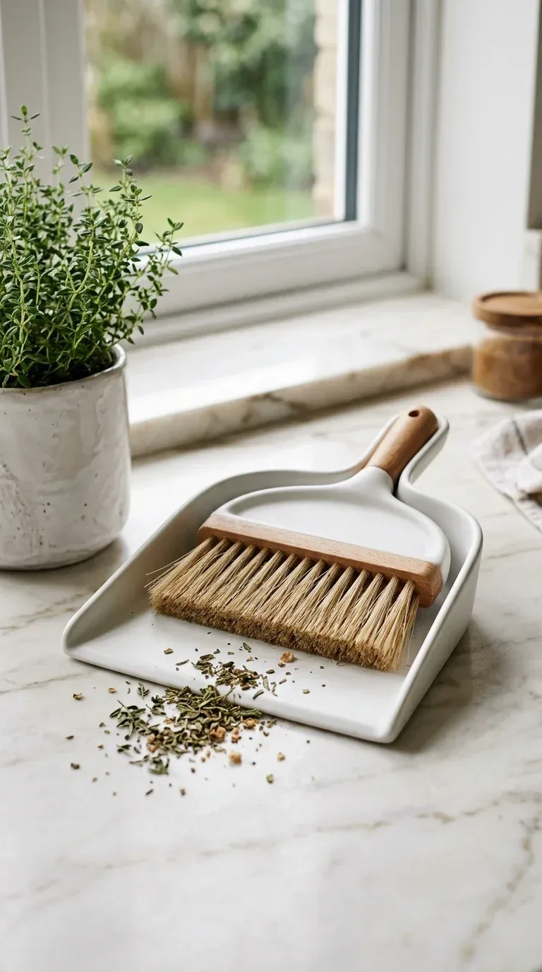 16 Household Supplies Every Home Needs to Stay Organized and Clean A compact white ceramic-look dustpan and brush set sitting on a clean kitchen counter