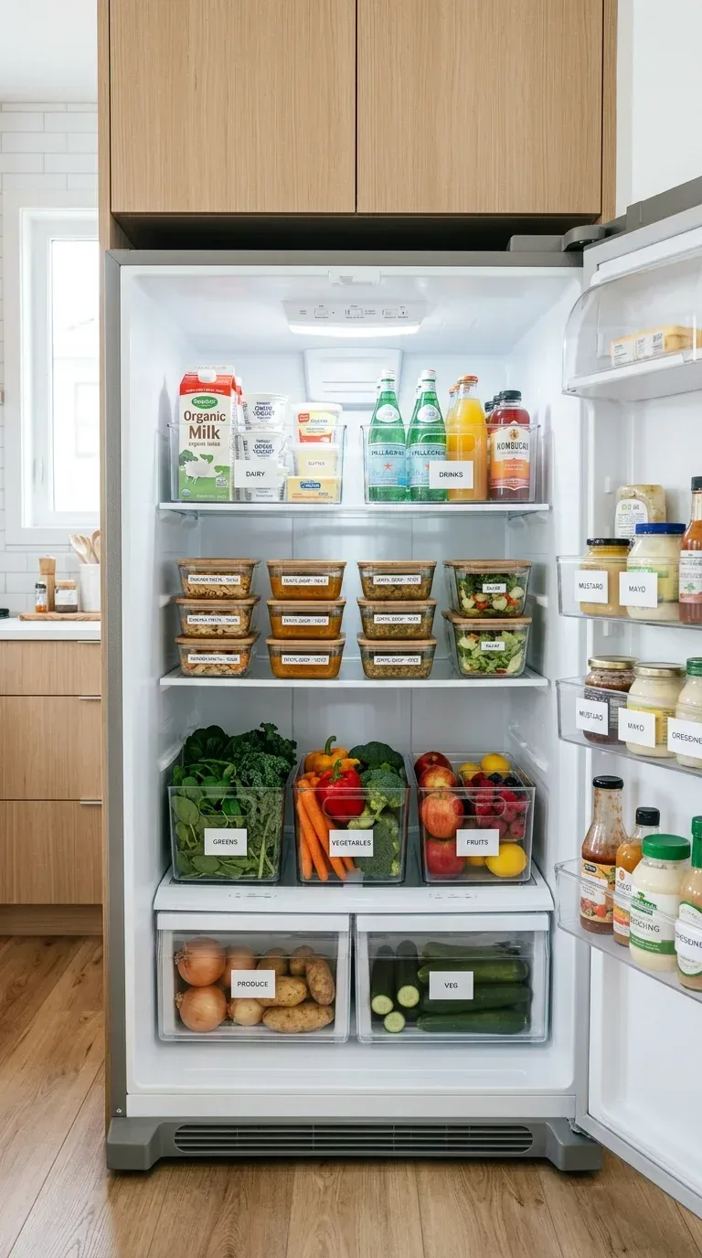 16 Household Supplies Every Home Needs to Stay Organized and Clean A neatly organized fridge interior with clear pull-out organizer bins labeled by food category
