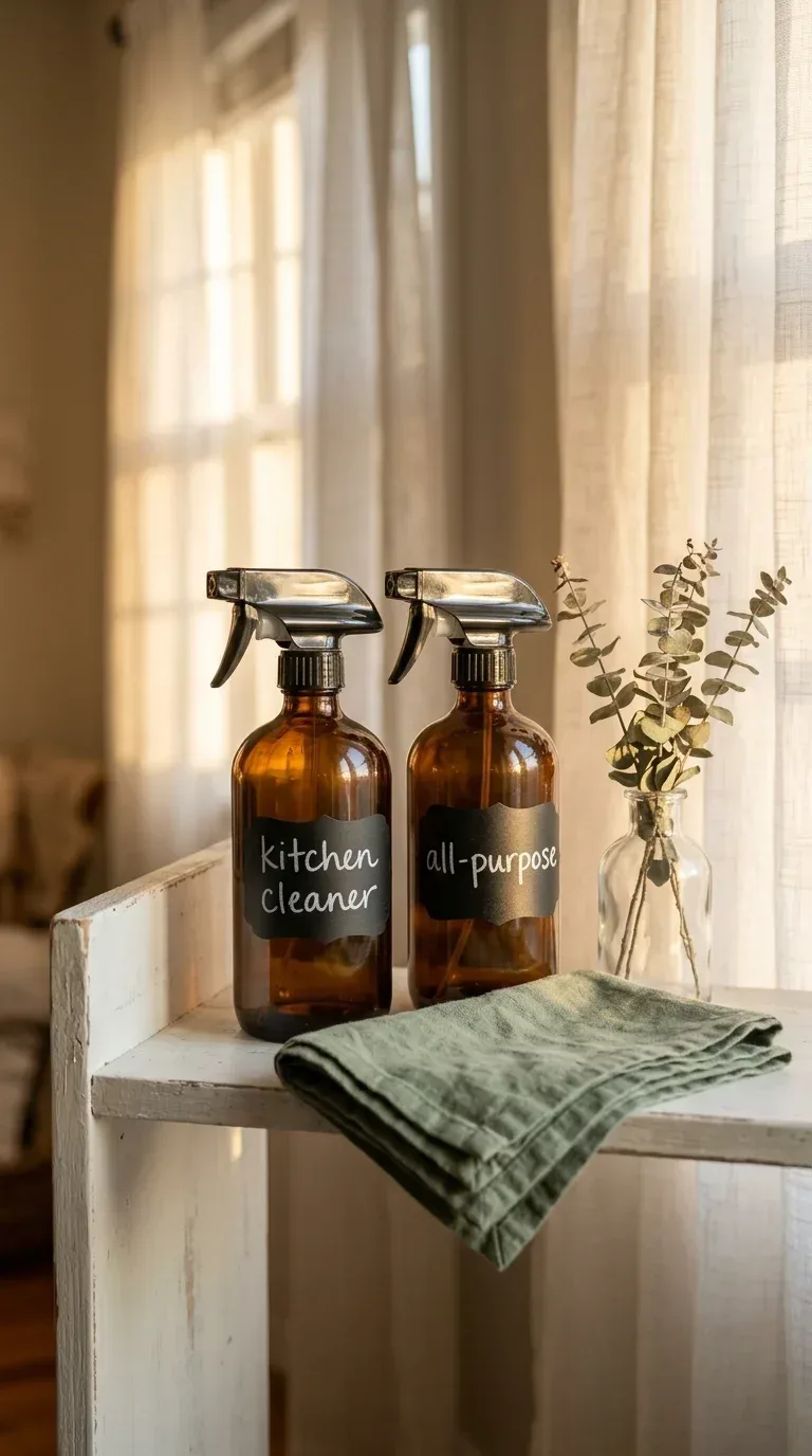 16 Household Supplies Every Home Needs to Stay Organized and Clean Amber glass spray bottles with chalk labels organized on a white cleaning shelf