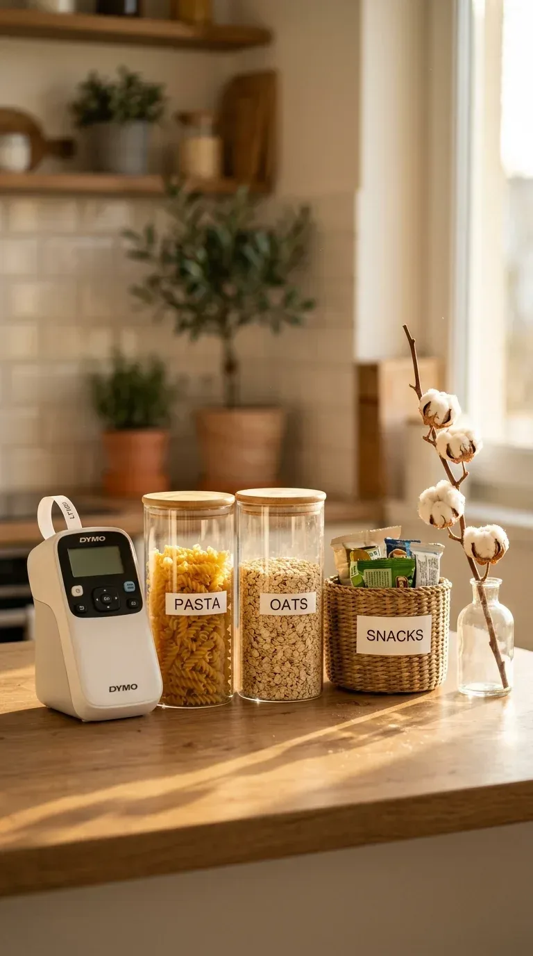 16 Household Supplies Every Home Needs to Stay Organized and Clean A compact label maker beside labeled pantry containers and storage baskets on a kitchen shelf