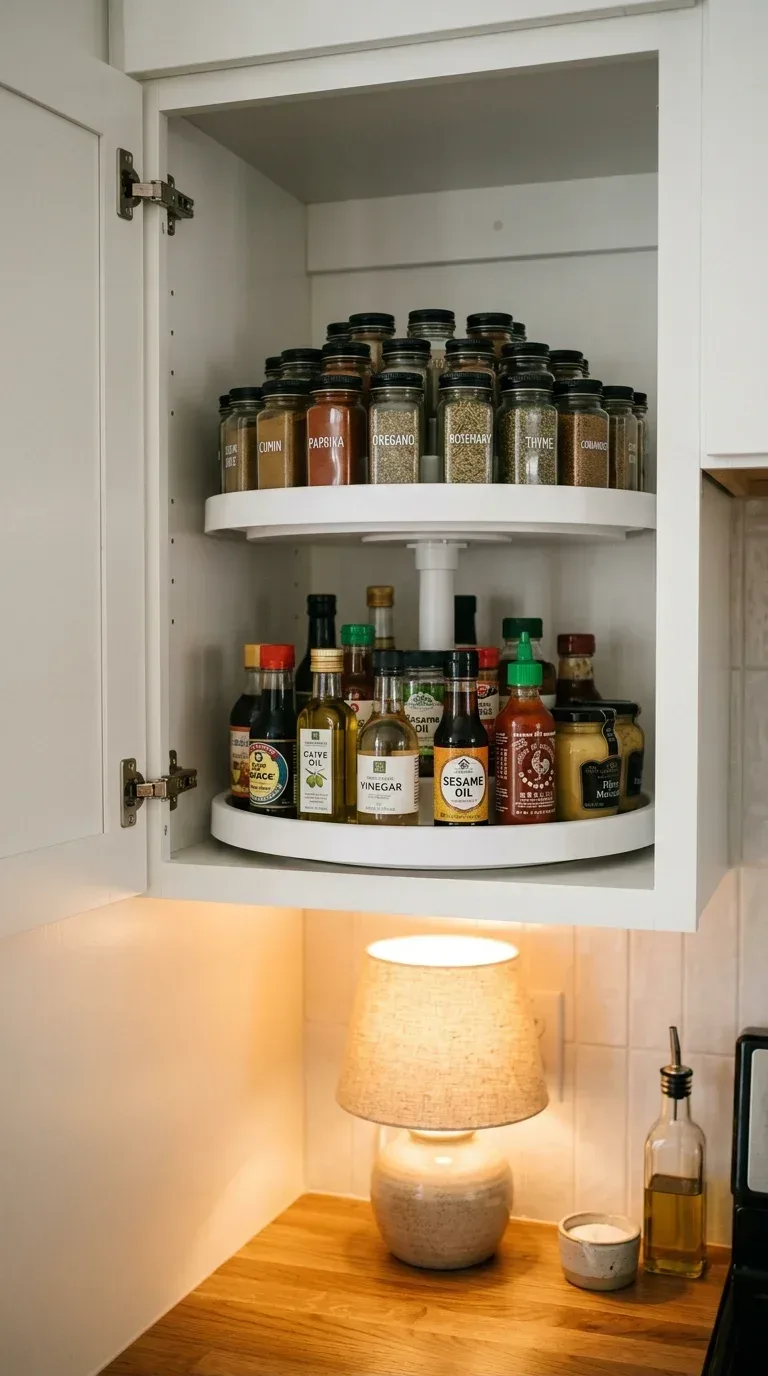 16 Household Supplies Every Home Needs to Stay Organized and Clean A two-tier lazy Susan turntable inside a cabinet neatly organizing spice jars and bottles