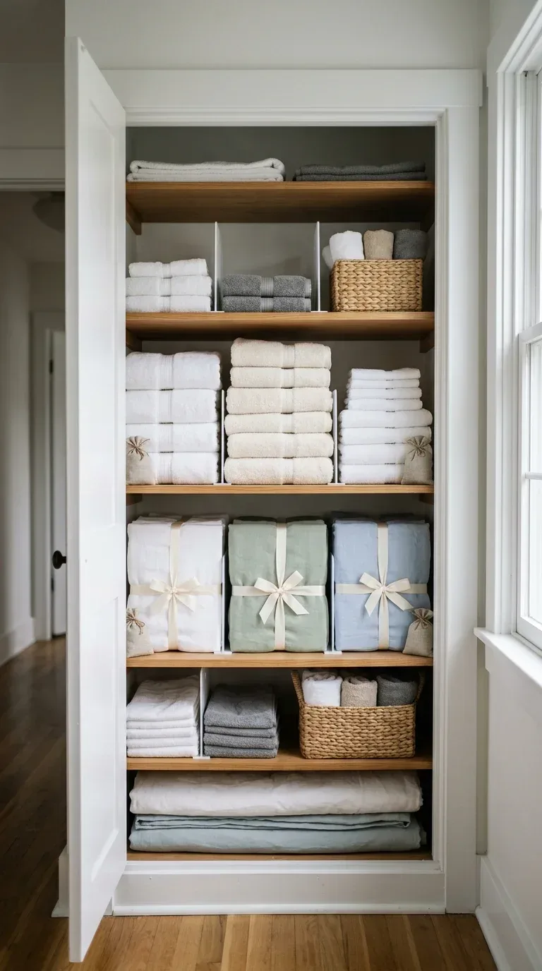 16 Household Supplies Every Home Needs to Stay Organized and Clean A beautifully organized linen closet with shelf dividers keeping towels and sheets neat