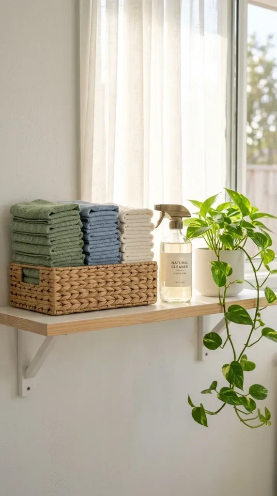 A neat stack of color-coded microfibre cleaning cloths folded on a white bathroom shelf