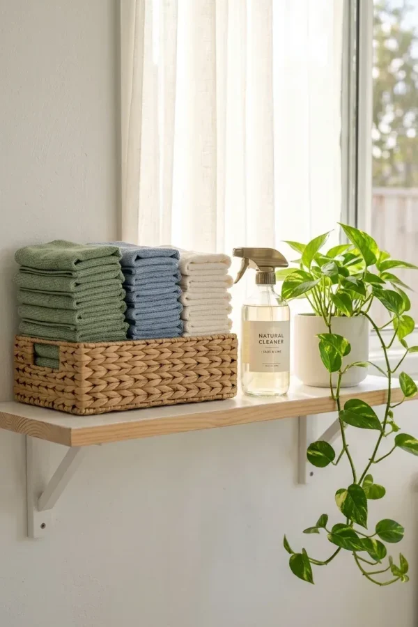 A neat stack of color-coded microfibre cleaning cloths folded on a white bathroom shelf