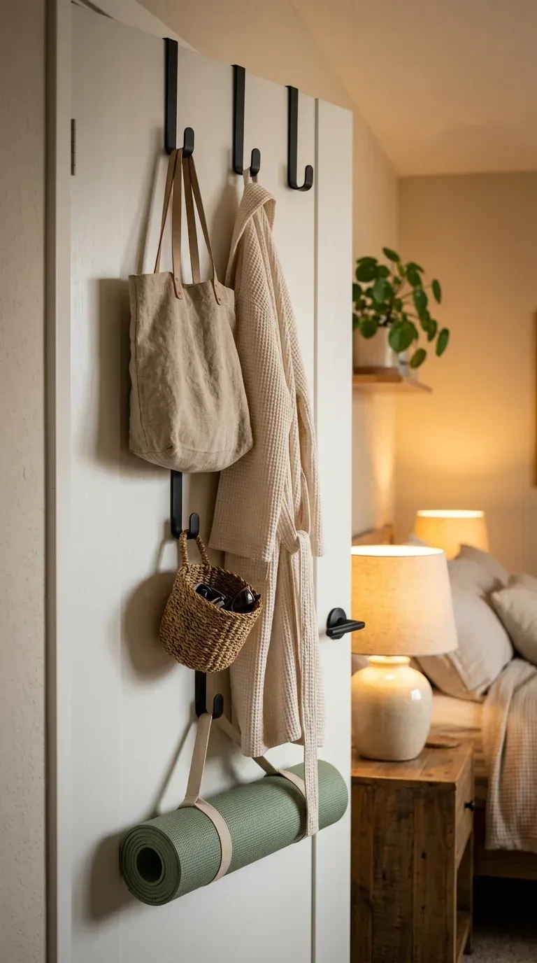 16 Household Supplies Every Home Needs to Stay Organized and Clean Matte black over-the-door hooks holding bags and a robe on a white bedroom door