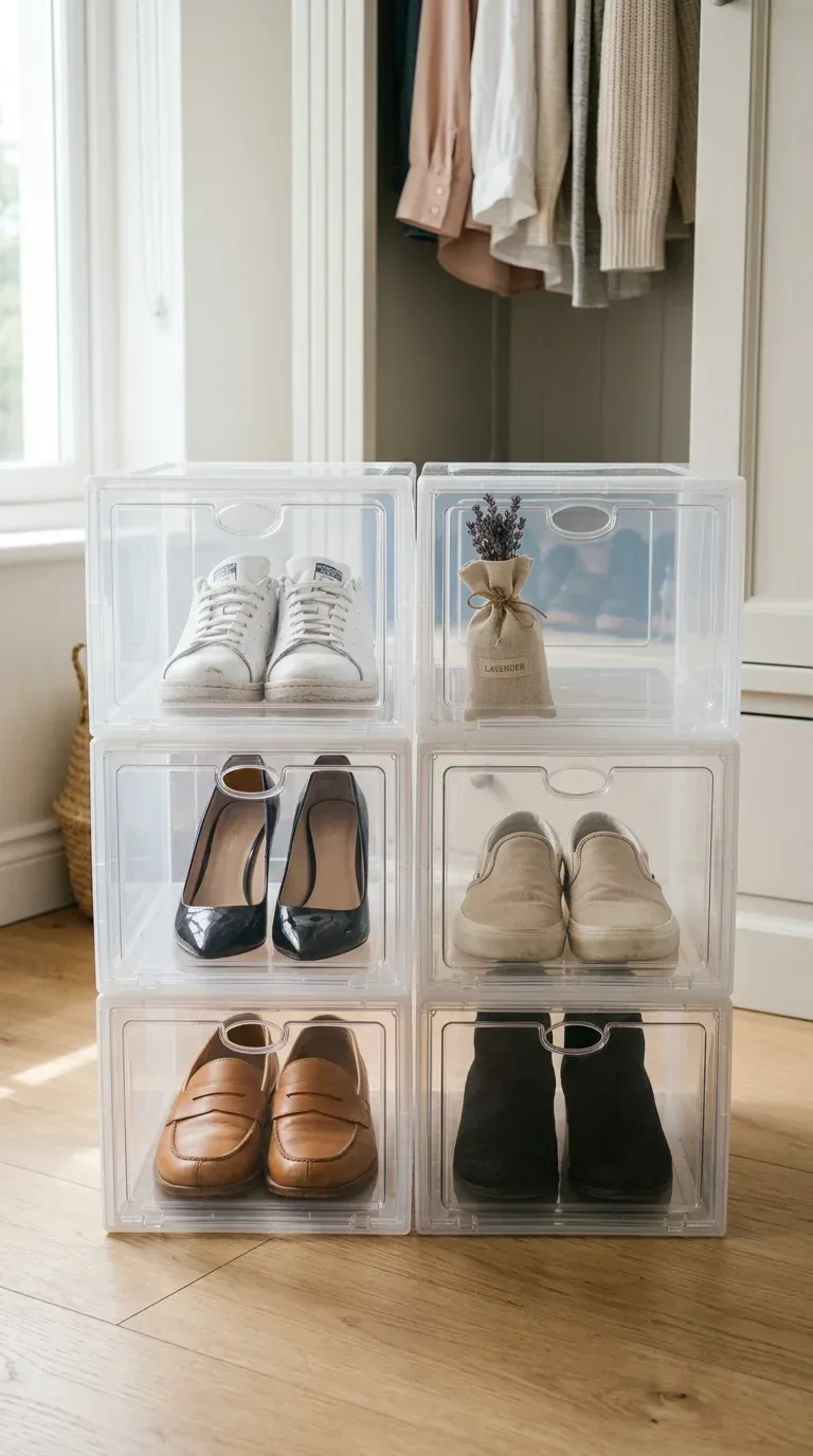 16 Household Supplies Every Home Needs to Stay Organized and Clean A neatly organized wardrobe floor with stackable clear shoe boxes showing shoes inside