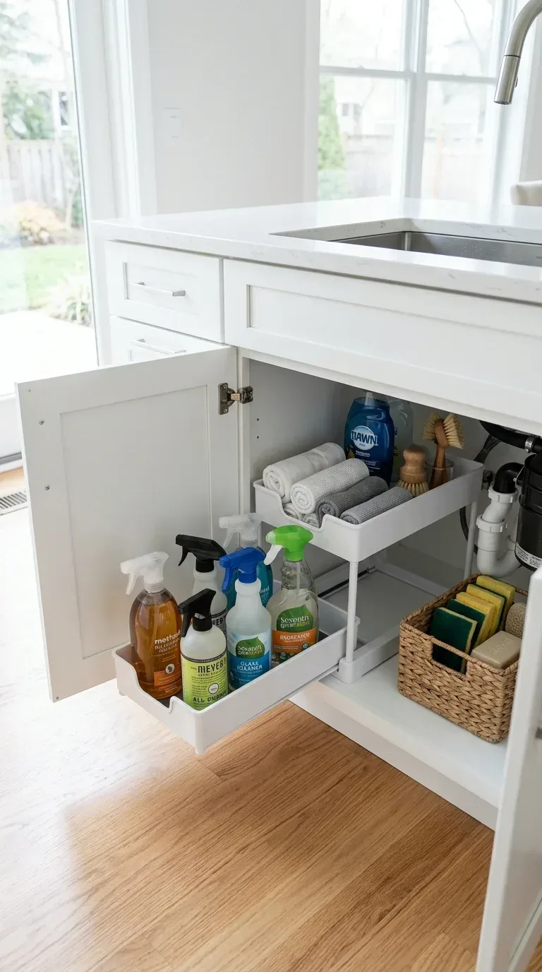 16 Household Supplies Every Home Needs to Stay Organized and Clean A neatly organized under-sink cabinet with pull-out trays and cleaning supplies arranged tidily