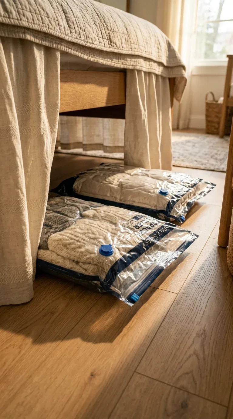 16 Household Supplies Every Home Needs to Stay Organized and Clean Flat compressed vacuum storage bags containing seasonal bedding stored under a bed