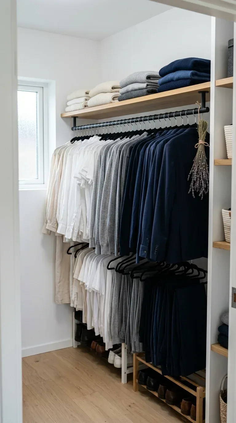 16 Household Supplies Every Home Needs to Stay Organized and Clean A neatly organized wardrobe with uniform slim black velvet hangers holding pressed clothes