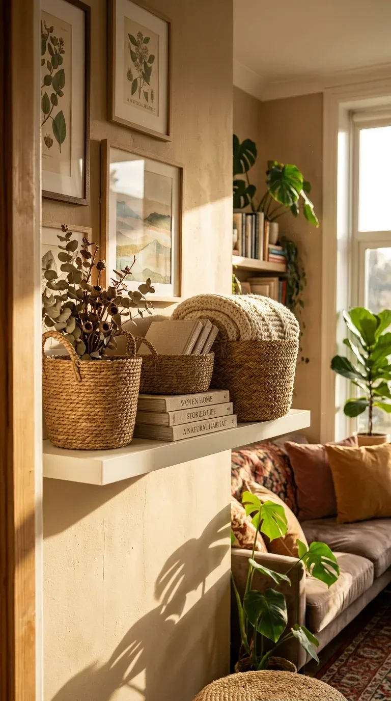 16 Household Supplies Every Home Needs to Stay Organized and Clean Three graduated woven seagrass storage baskets on a white living room shelf with blankets and books